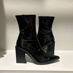 Jeffrey Campbell Black Patent Pointed Toe Block Heel Ankle Boots